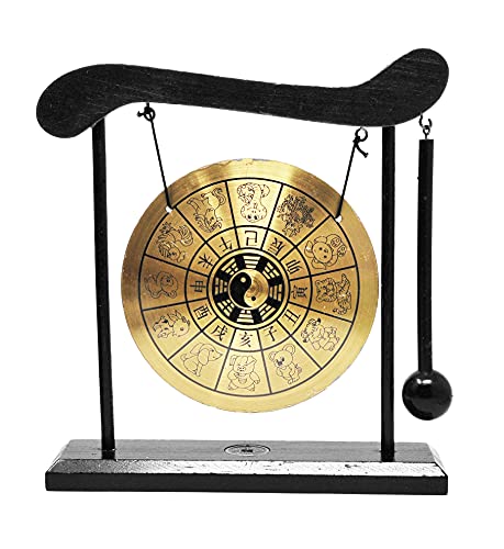 Mandala Crafts Chinese Gong - Mini Gong with Stand - Zen Art Brass Feng Shui Desktop Gong with Stand Asian Gong Bell for Home Decoration Chinese Zodiac Signs