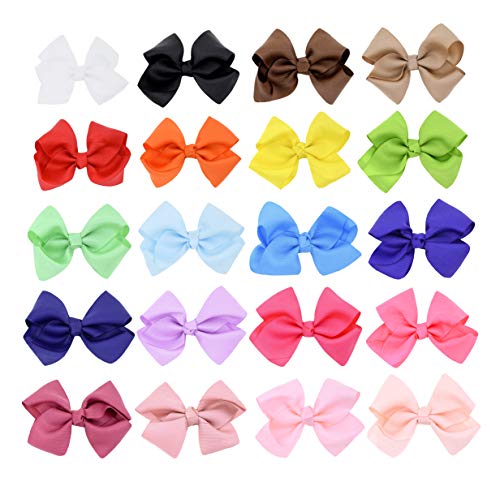 Boutique Hair Bows - Grosgrain Ribbon Alligator Clip Hairbows for Girls and Women Assorted 20 PC Set by Mandala Crafts 4 Inches