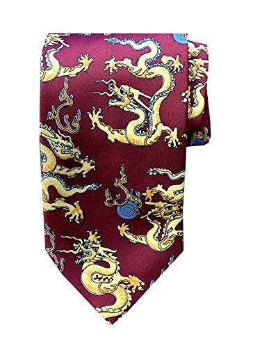 Chinese Dragon Tie, Panda Tie, Exotic Novelty Necktie Gift for Men; by Mandala Crafts (Dragon Polyester, Maroon)