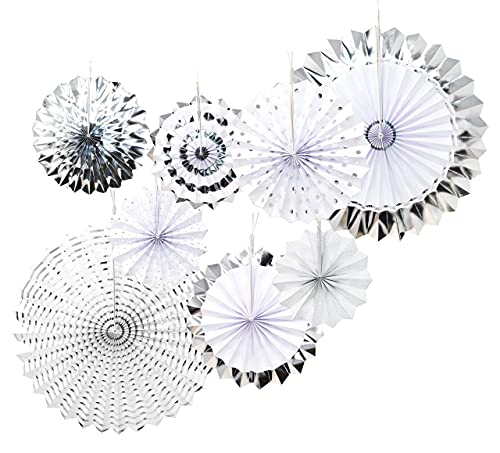 Mandala Crafts Hanging Paper Fans - 8 Pack Silver Party Decor | Wedding Graduation Birthday Decorations