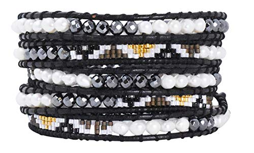 Stackable Bohemian Bracelet for Women Layering Freshwater Cultured Pearl Beaded Leather Boho Wrap Bracelet Hippie Multi Layered Bracelets for Women