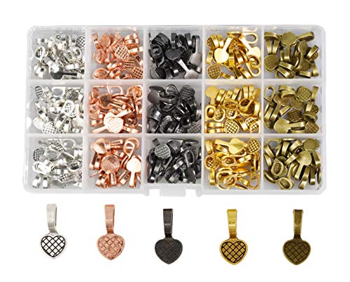 Mandala Crafts Jewelry Glue on Bails for Pendants Pendant Bails for Jewelry Making Jewelry Pendant Bail Kit 225 PCs Gunmetal Antique Bronze Rose Gold Silver Heart Bails