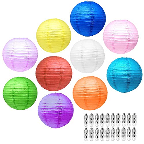 Paper Lanterns with Lights, Chinese Paper Lantern Decorative Hanging 12 Inches 10 PCS for Birthdays Weddings Party Decorations by Mudra Crafts