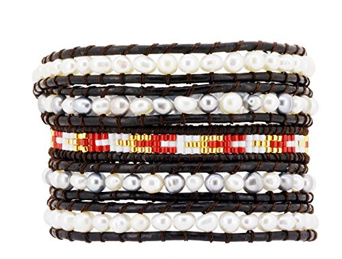 Stackable Bohemian Bracelet for Women Layering Freshwater Cultured Pearl Beaded Leather Boho Wrap Bracelet Hippie Multi Layered Bracelets for Women