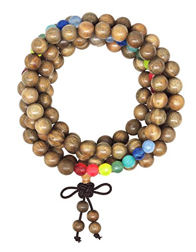 Unisex Tibetan Zen Buddhist Reiki 108 7 Chakra Wood Prayer Beads Mala Bracelet Necklace for Women Men (Green Sandalwood)