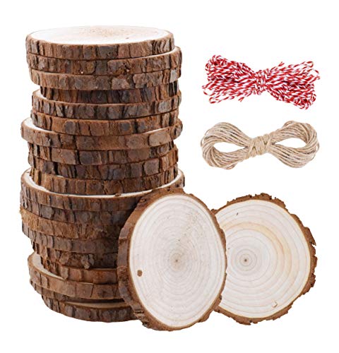 Natural Wood Slices for Centerpieces Crafts - Predrilled Wooden Circles Round Discs with Bark for Wood Burning Projects Arts Coaster Table Décor 20 PCs (Natural, 3.5 Inches)