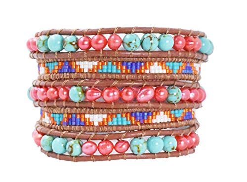 Stackable Bohemian Bracelet for Women Layering Freshwater Cultured Pearl Beaded Leather Boho Wrap Bracelet Hippie Multi Layered Bracelets for Women