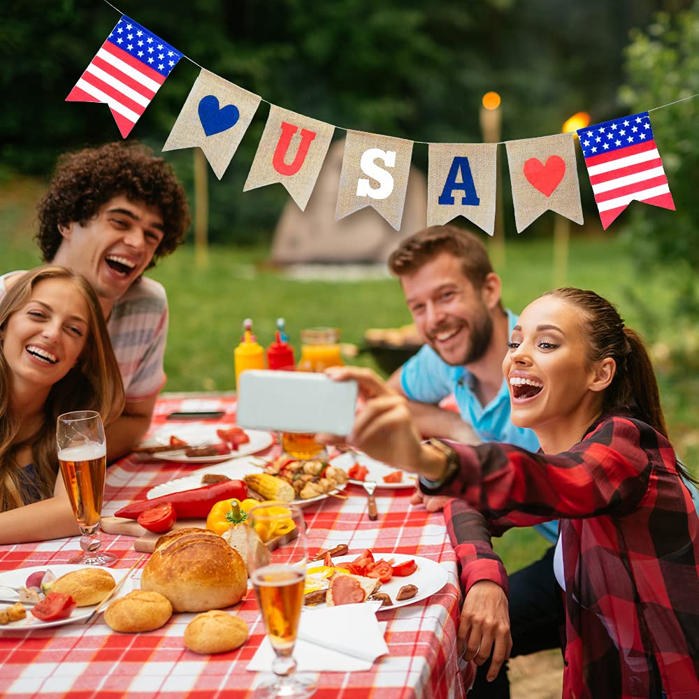 Burlap USA Banner Patriotic Decor July 4th Decor Patriotic Banner American Flag Bunting Banner Memorial Day Decorations for Porch Fireplace