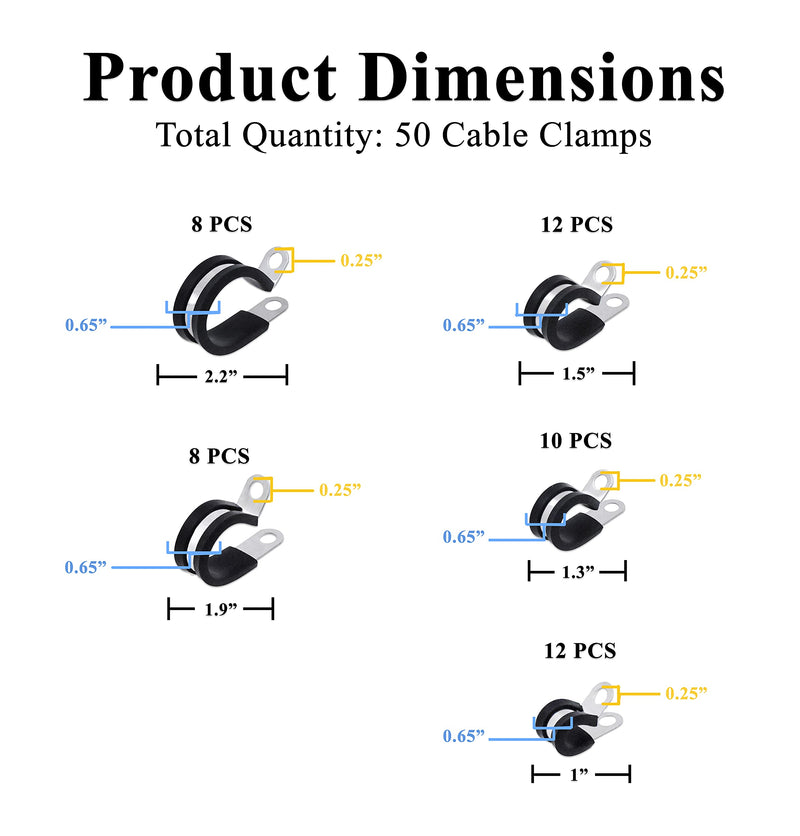Cable Clamps Wire Clamps for Electric Wires Stainless Steel Rubber P Clamp R-Type Cable Clamp Kit for Brake Line 1/4 3/8 1/2 3/4 1 Inch 50 PCs