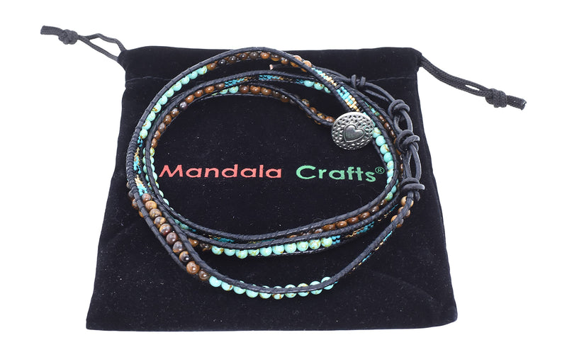 Multi Leather Wrap Bracelet with Black 4mm Beads