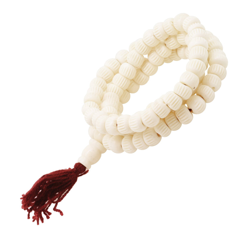 Yoga Meditation Carved Yak Bone 108 Prayer Beads Mala Necklace with a Charm (Buddha Head)