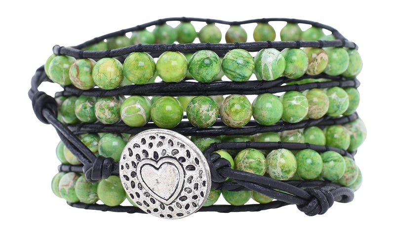 Stackable Bohemian Bracelet for Women  Lime Green Sea Sediment Jasper Layering Beaded Leather Boho Wrap Bracelet