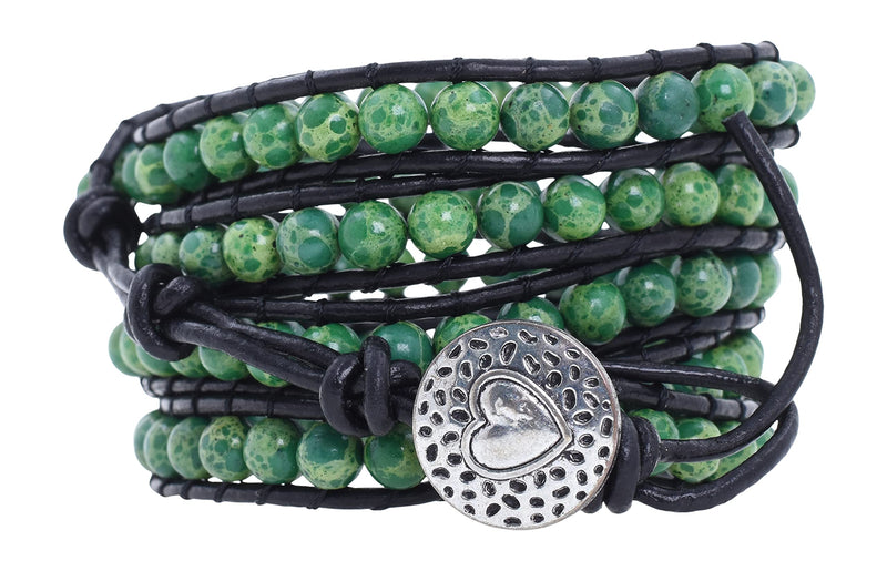Stackable Bohemian Bracelet for Women  Green Sea Sediment Jasper Layering Beaded Leather Boho Wrap Bracelet