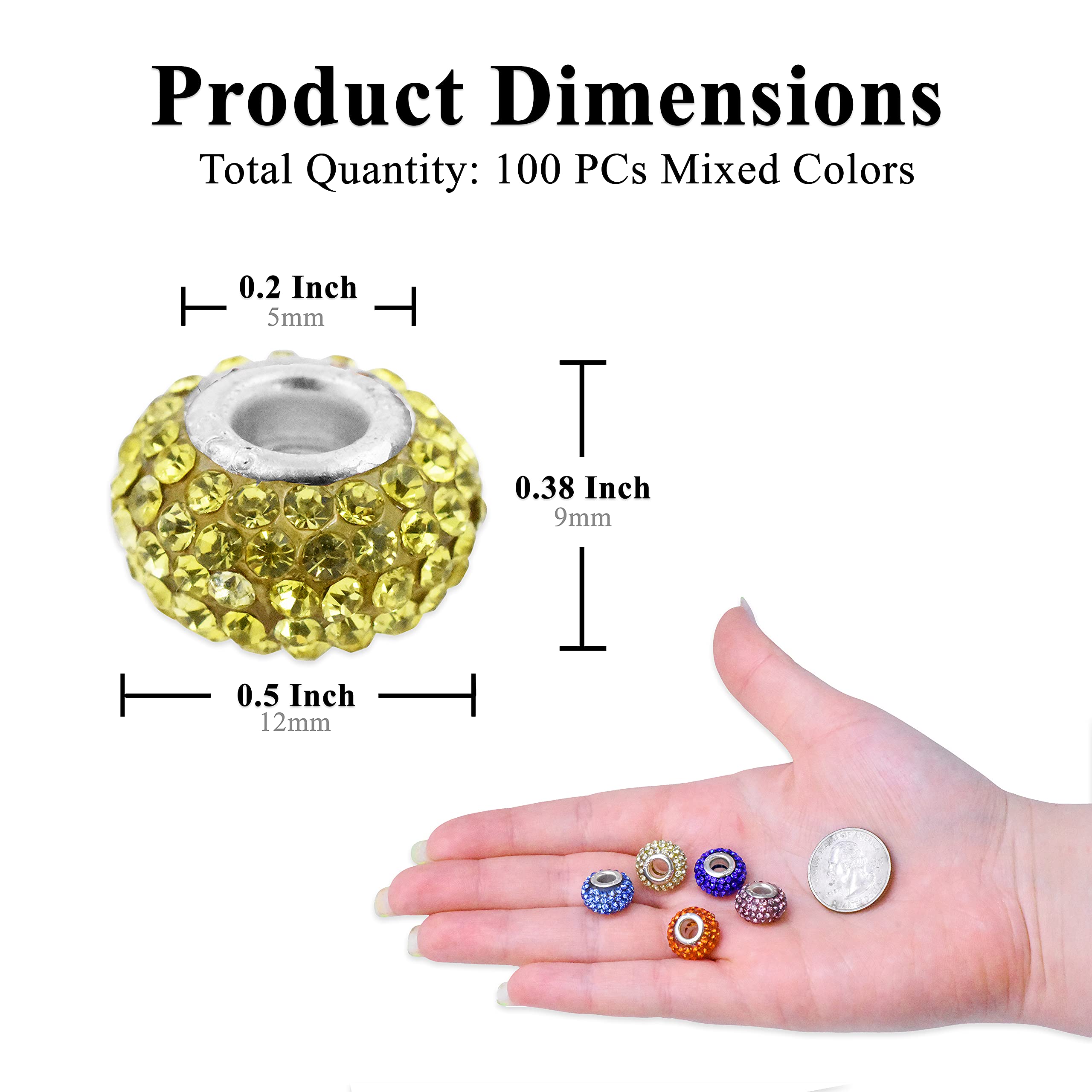 Large Hole Beads Bracelet Charms for Charm Bracelets European Beads in Bulk for Snake Chain Jewelry Making Rondelle 100 PCs Mixed Colors 1/2 Inch 0.2 Inch Hole