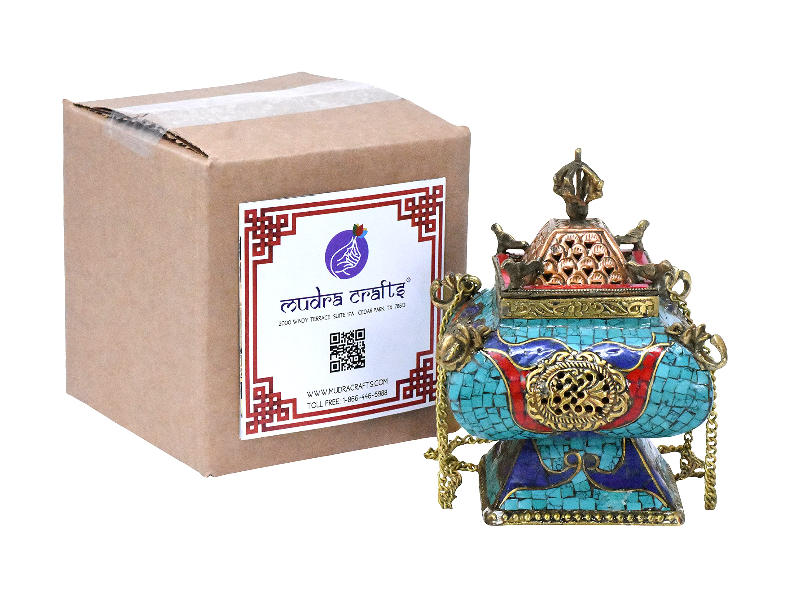 Tibetan  Hanging Incense Burner with Chain - Brass Incense Burner with Lid for Resin Charcoal (Gemstone Inlay)