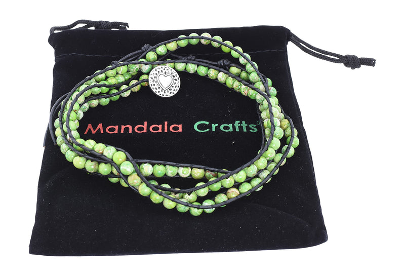 Stackable Bohemian Bracelet for Women  Lime Green Sea Sediment Jasper Layering Beaded Leather Boho Wrap Bracelet