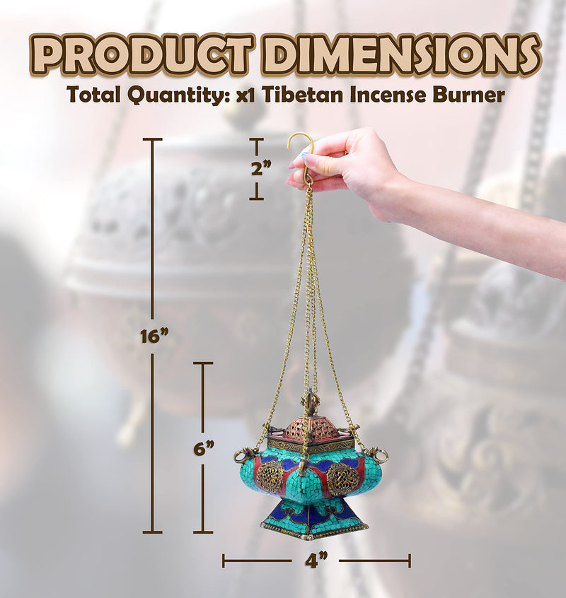 Tibetan  Hanging Incense Burner with Chain - Brass Incense Burner with Lid for Resin Charcoal (Gemstone Inlay)
