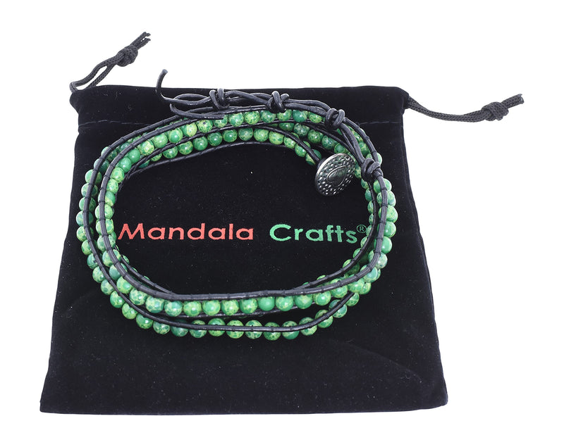 Stackable Bohemian Bracelet for Women  Green Sea Sediment Jasper Layering Beaded Leather Boho Wrap Bracelet