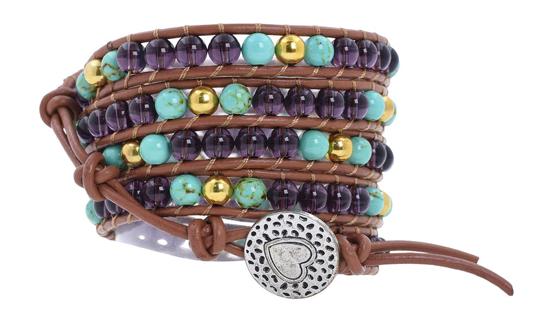 Stackable Bohemian Bracelet for Women Purple Beads Layering Beaded Leather Boho Wrap Bracelet