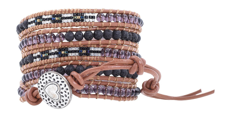 Stackable Bohemian Bracelet for Women Black Lava Seed Beads Layering Beaded Leather Boho Wrap Bracelet