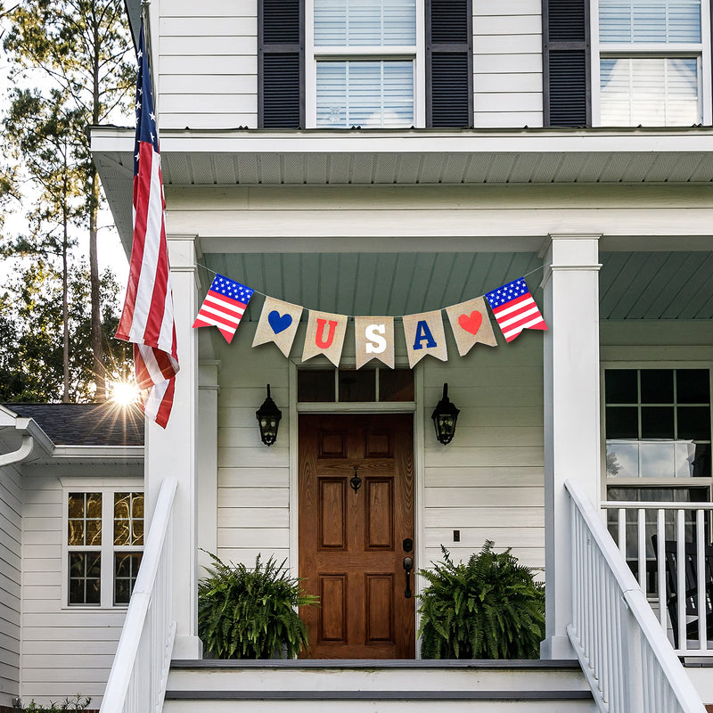 Burlap USA Banner Patriotic Decor July 4th Decor Patriotic Banner American Flag Bunting Banner Memorial Day Decorations for Porch Fireplace