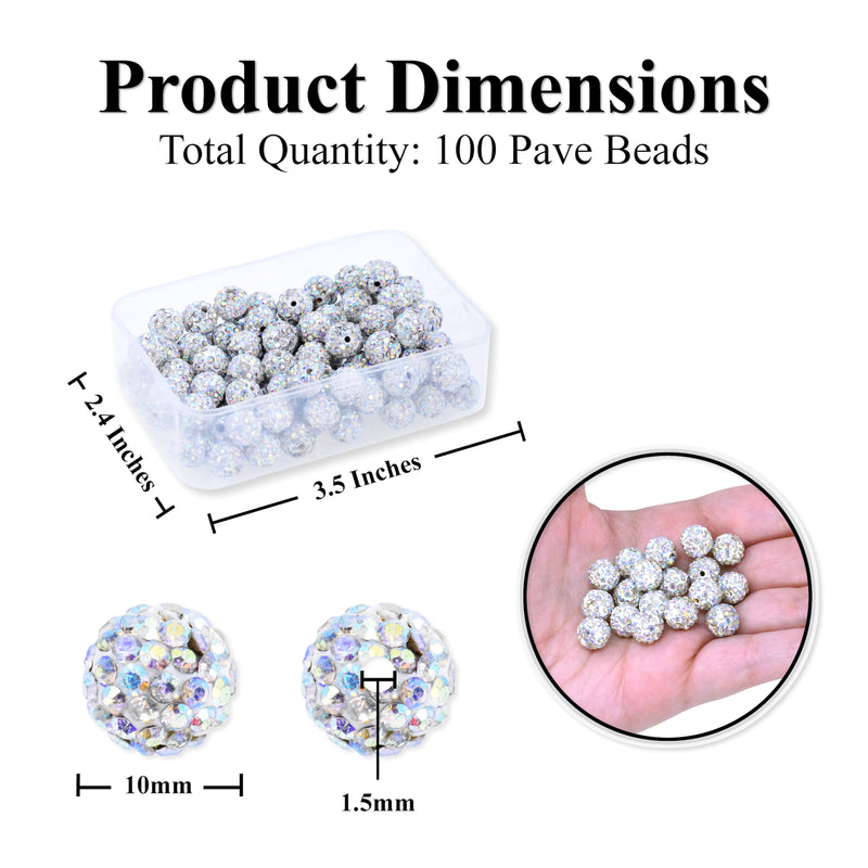 Pave Beads for Jewelry Making - Disco Ball Beads Micro Paved Round Sparkly Rhinestone Beads on Polymer Clay for Bracelet Spacer Charm Earrings 100 PCs